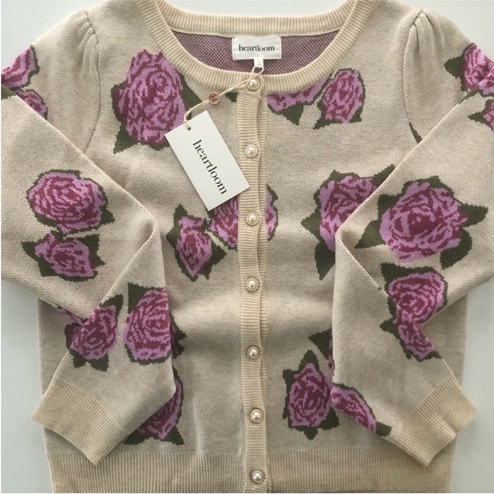 Anthropologie Heartloom Charla Cardi Rose Floral Jacquard Knit Cardigan L NWT
